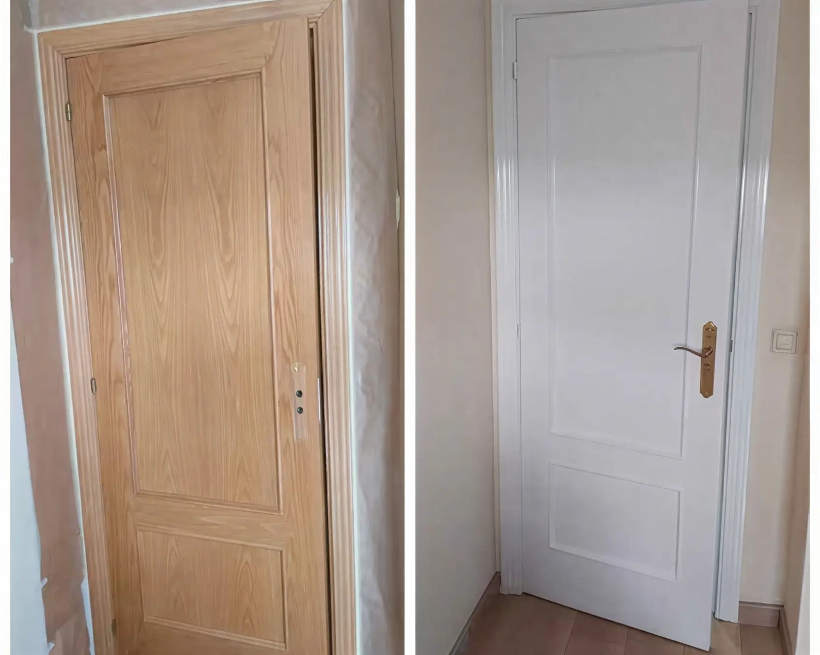 Antes y después de lacar puerta de madera en blanco por Los Pintores Guadalajara