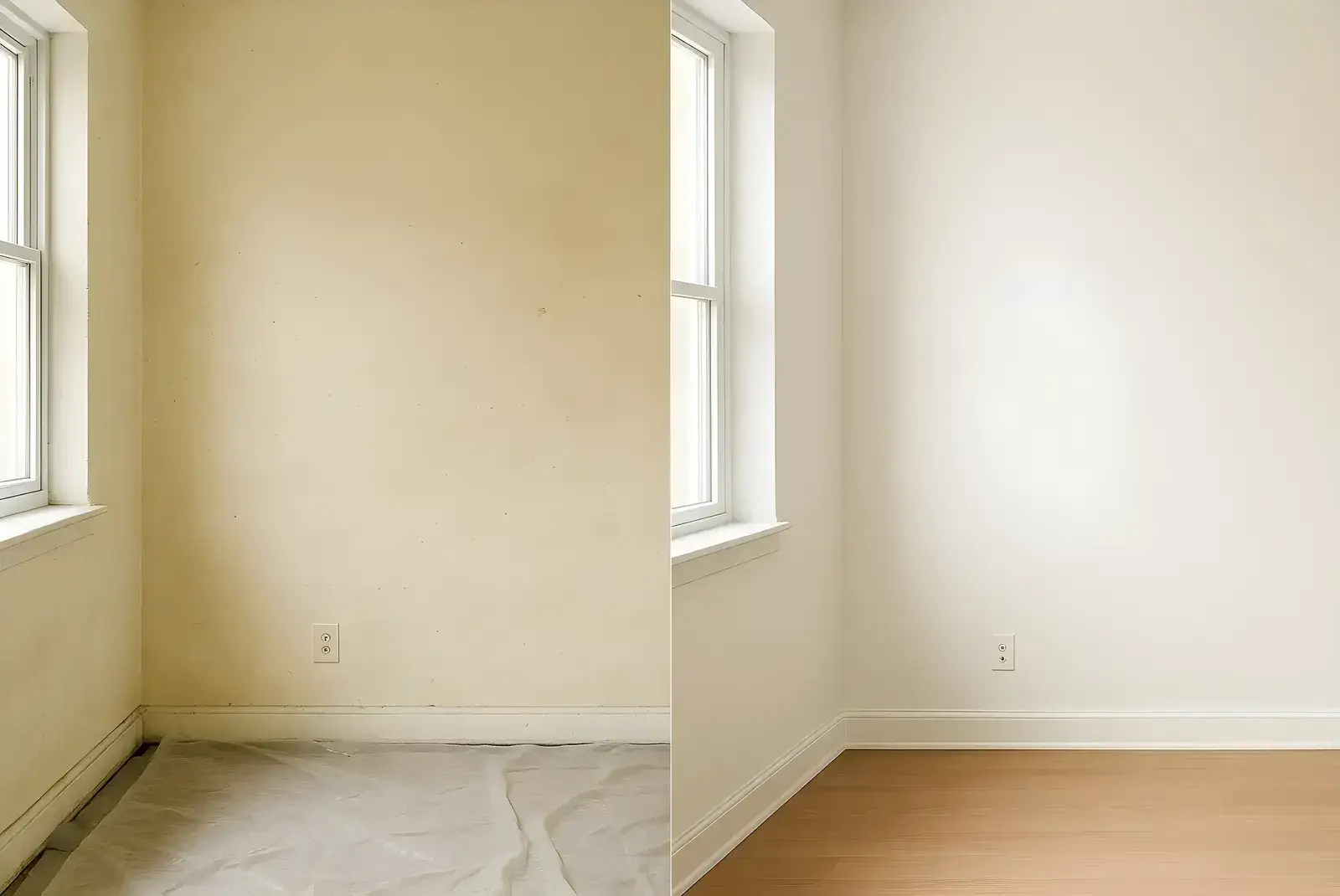 Antes y después de pintura interior en salón, trabajo de Los Pintores Guadalajara con paredes renovadas