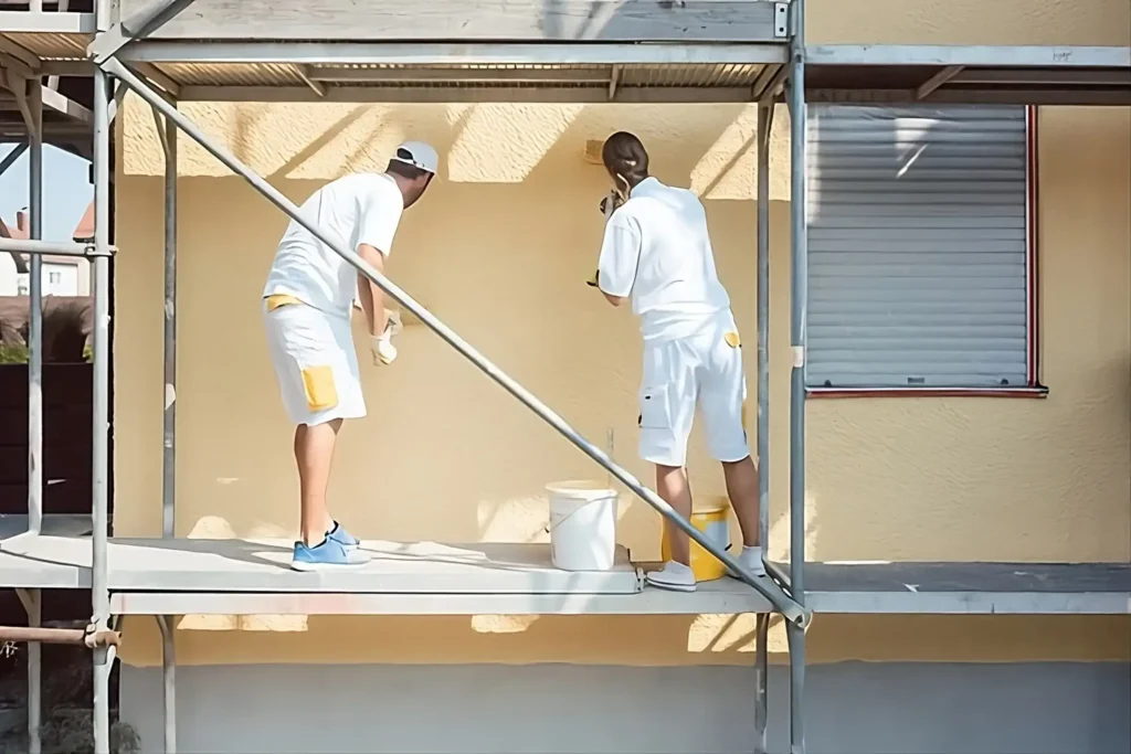 Los Pintores Guadalajara aplicando pintura exterior de alta calidad en fachada de vivienda